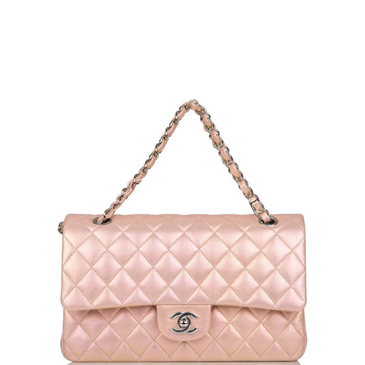 Chanel Medium Classic Double Flap Bag Pink Iridescent Lambskin Silver Hardware