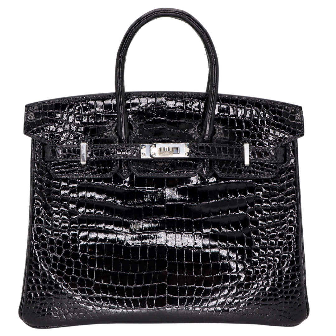 Hermès 25cm Birkin Black Shiny Porosus Crocodile Palladium Hardware