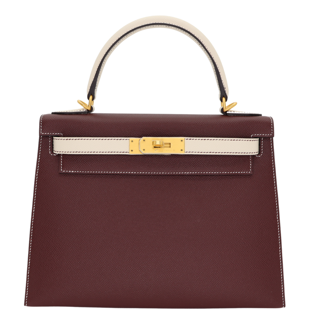 Hermès 28cm Kelly HSS Sellier Bordeaux/Craie Epsom Leather Brushed Gold Hardware