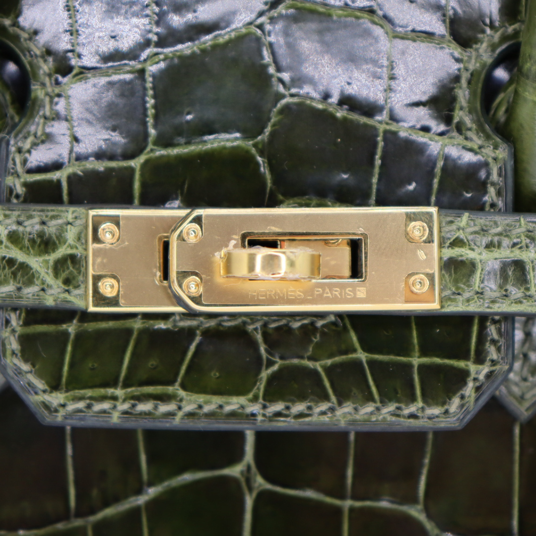 Hermès 25cm Birkin Vert Olive Shiny Niloticus Gold Hardware