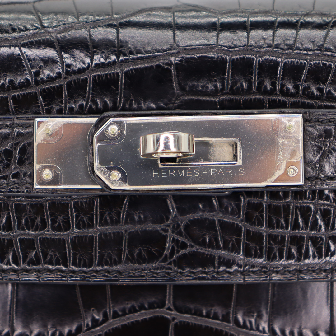 Hermès 28cm Kelly Retourne Black Matte Niloticus Crocodile Palladium Hardware