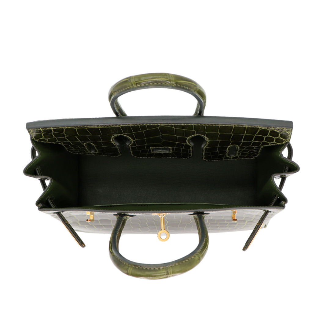 Hermès 25cm Birkin Vert Olive Shiny Niloticus Gold Hardware