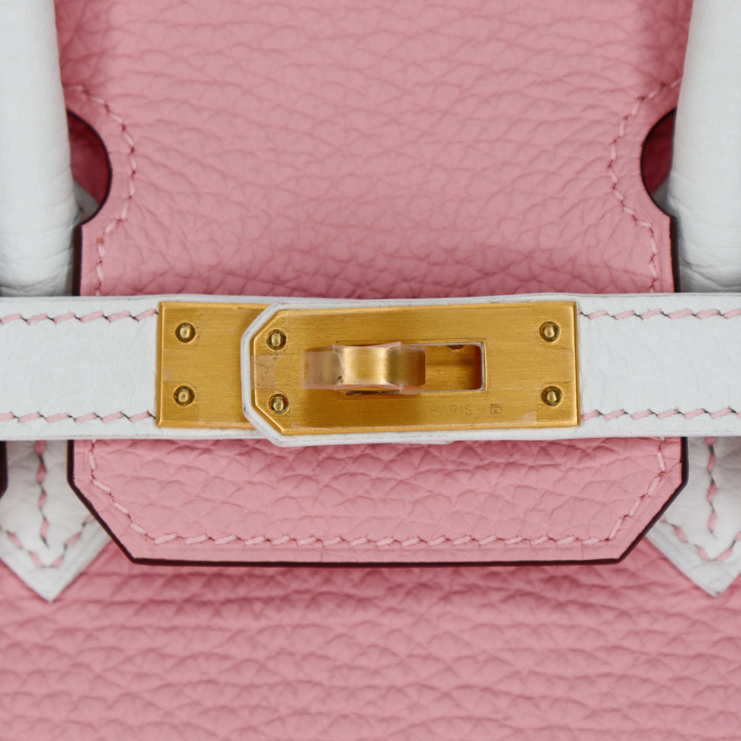Hermès 25cm Birkin Sakura/White Clemence Leather Brushed Gold Hardware