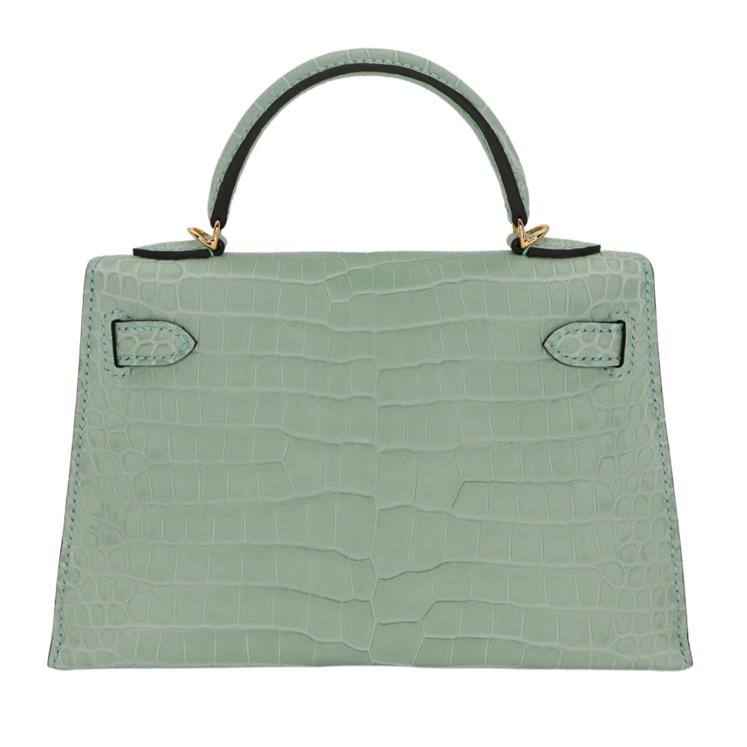 Hermès Kelly II Sellier Mini Vert D'eau Matte Porosus Crocodile Gold Hardware