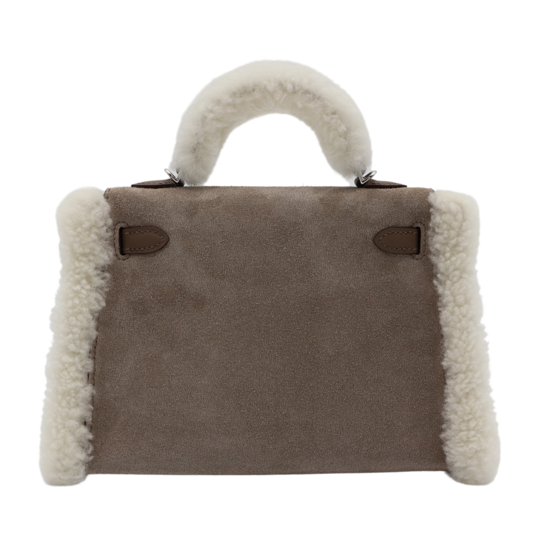 Hermès Kelly Mini Teddy Plush Shearling Gris Caillou/Etoupe Palladium Hardware