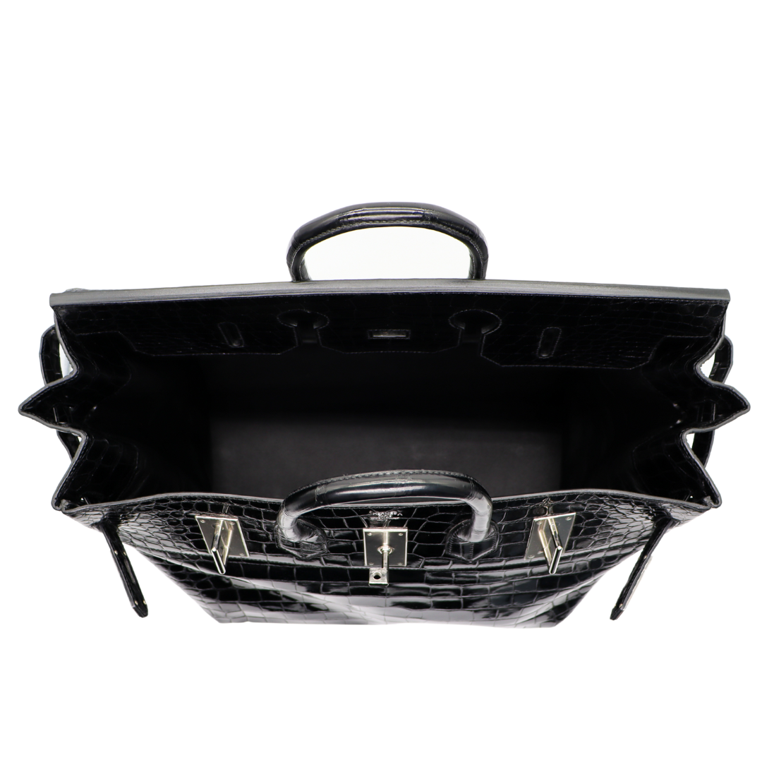 Hermès 50cm HAC Black Shiny Porosus Crocodile Palladium Hardware