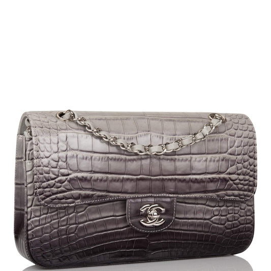 Chanel Ombre Grey Matte Alligator Medium Classic Double Flap Bag Silver Hardware
