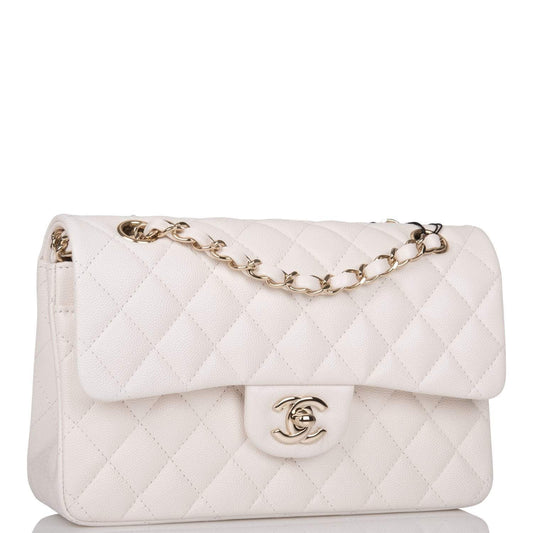 Chanel White Quilted Caviar Small Classic Double Flap Bag Light Gold Hardware