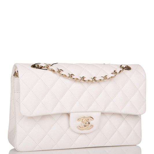 Chanel Small Classic Double Flap White Caviar Light Gold Hardware