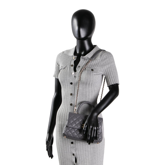 CHANEL Coco Handle Mini Flap Bag Quilted Caviar- Grey