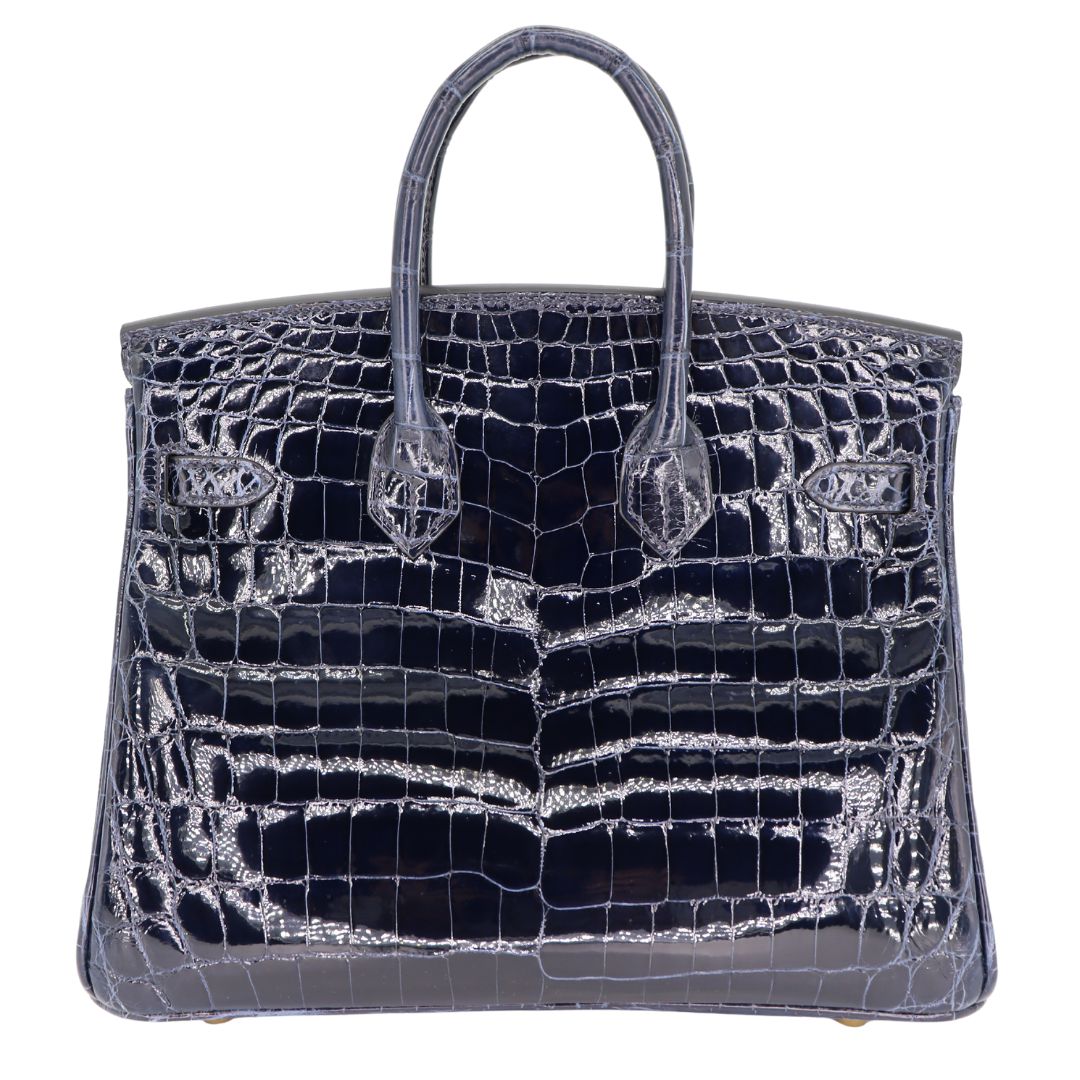 Hermès 25cm Birkin Bleu Baltique Shiny Niloticus Gold Hardware