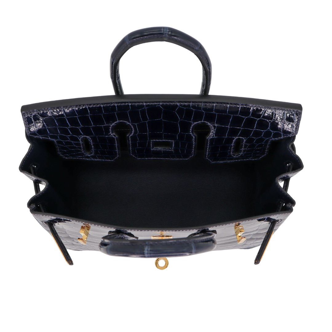 Hermès 25cm Birkin Bleu Baltique Shiny Niloticus Gold Hardware