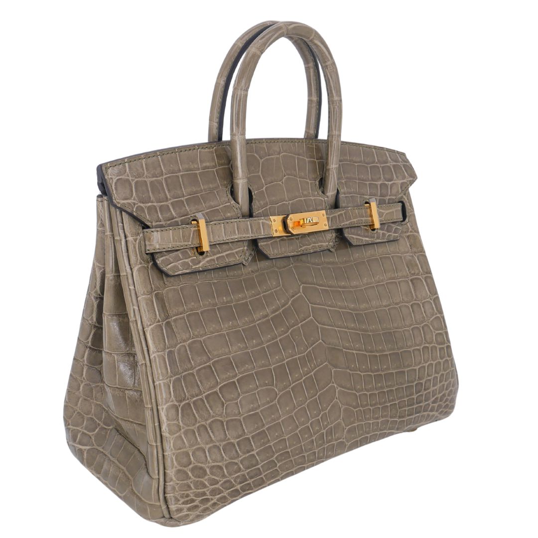Hermès 25cm Birkin Gris Tourterelle Shiny Niloticus Crocodile Gold Hardware
