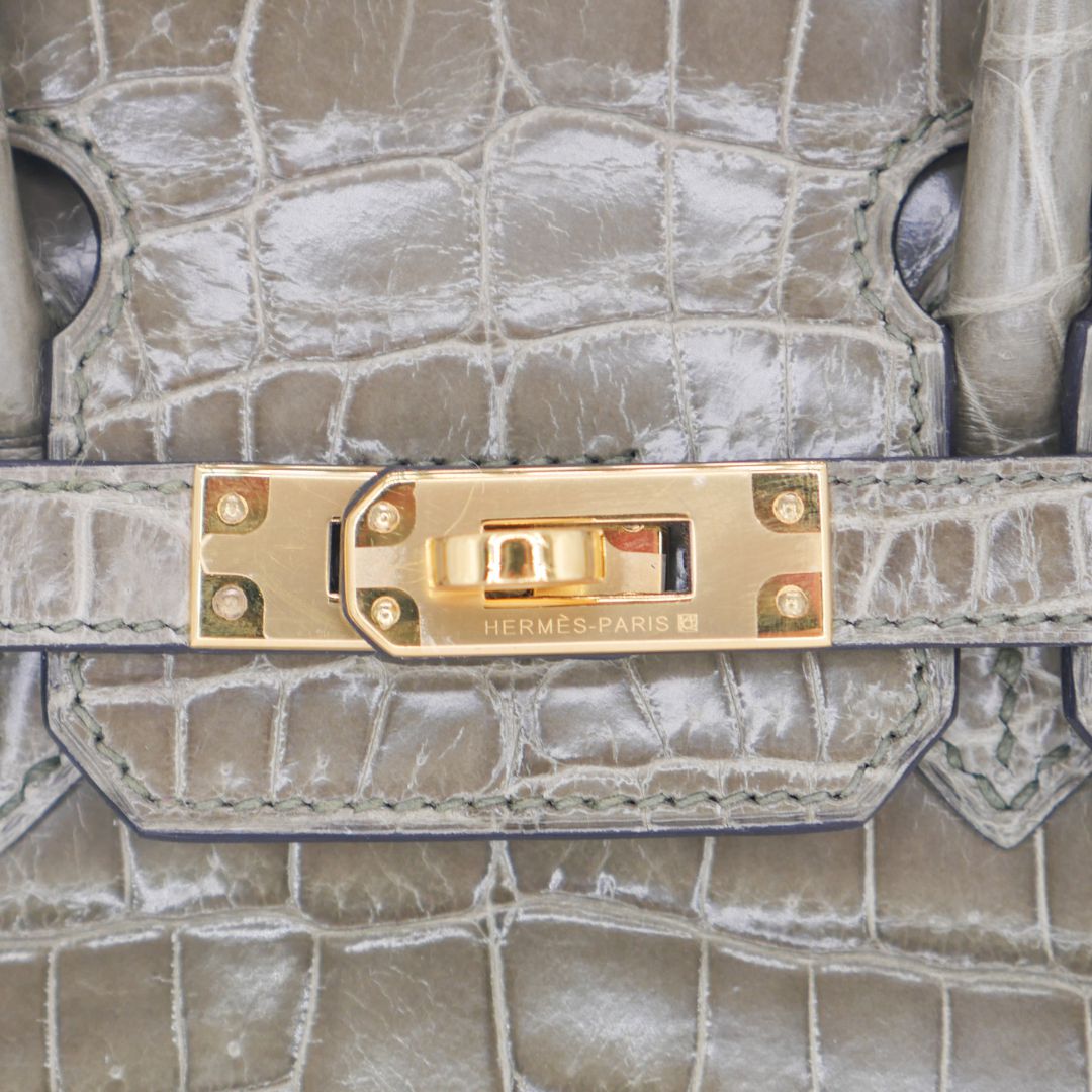 Hermès 25cm Birkin Gris Tourterelle Shiny Niloticus Crocodile Gold Hardware