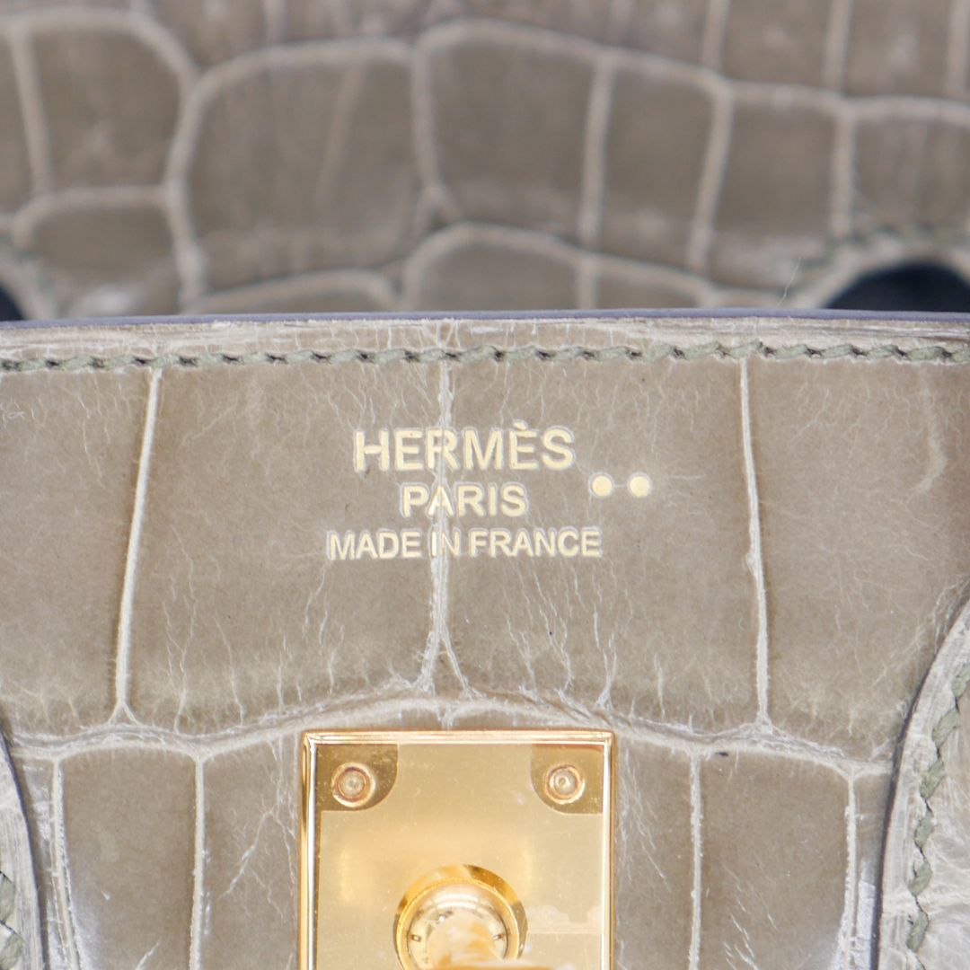 Hermès 25cm Birkin Gris Tourterelle Shiny Niloticus Crocodile Gold Hardware