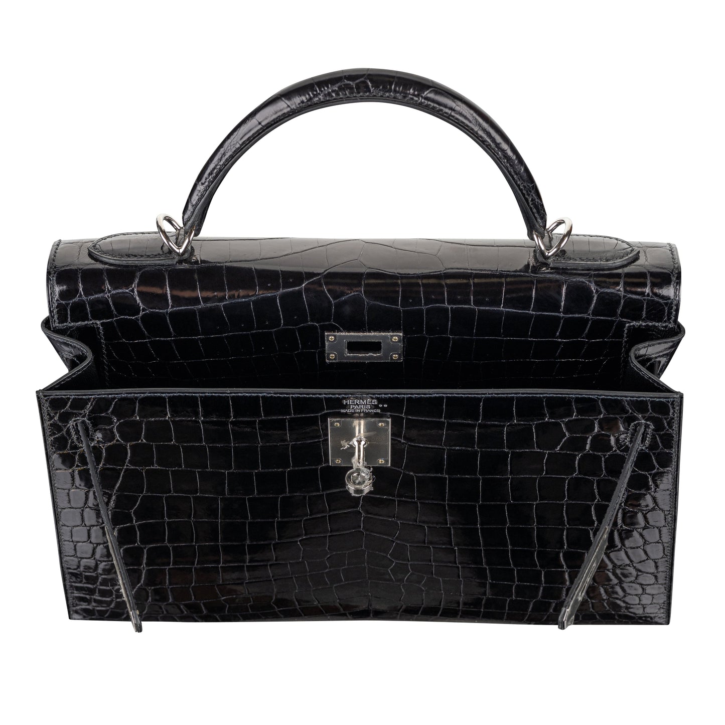 Hermès 32cm Kelly Black Shiny Niloticus Palladium Hardware