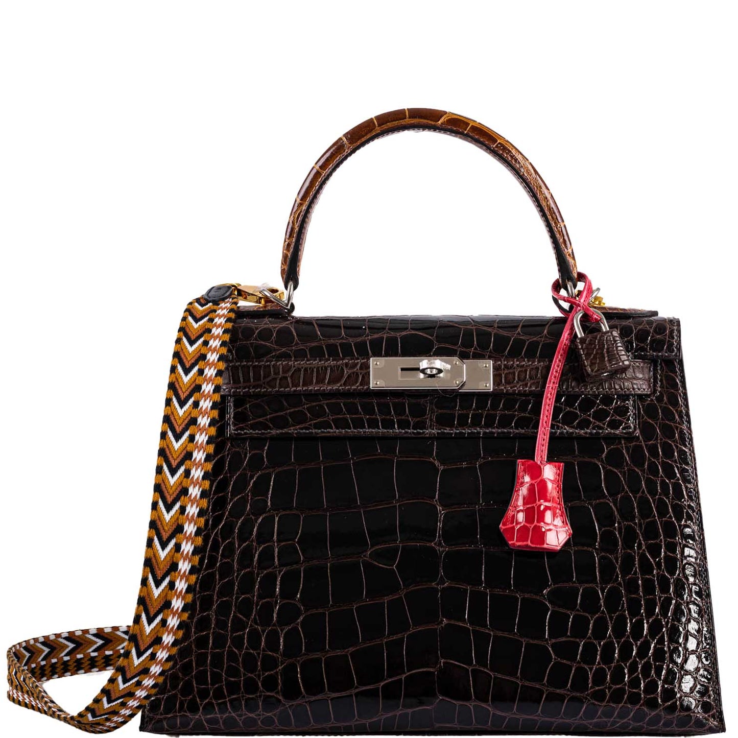 Hermes Kelly 28 Sellier Macassar, Ebene, Miel and Rose Extreme Alligator Palladium Hardware - 2021, Z
