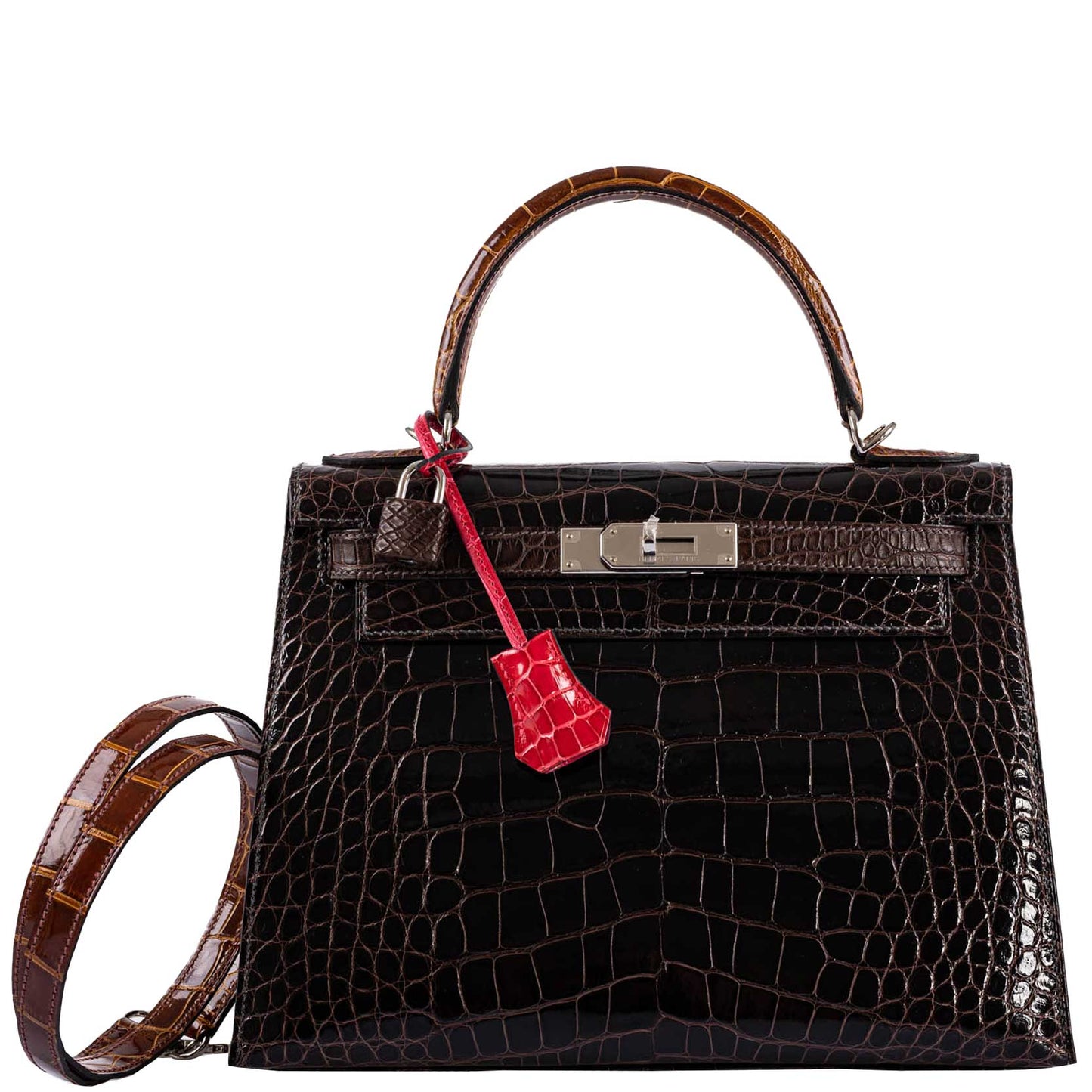 Hermes Kelly 28 Sellier Macassar, Ebene, Miel and Rose Extreme Alligator Palladium Hardware - 2021, Z