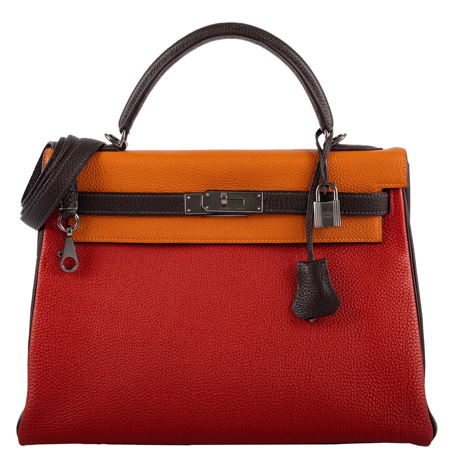 Hermes Kelly 32 Retourne Orange H, Rouge Vif & Ebene Togo with Ruthenium Hardware - 2006, J Square