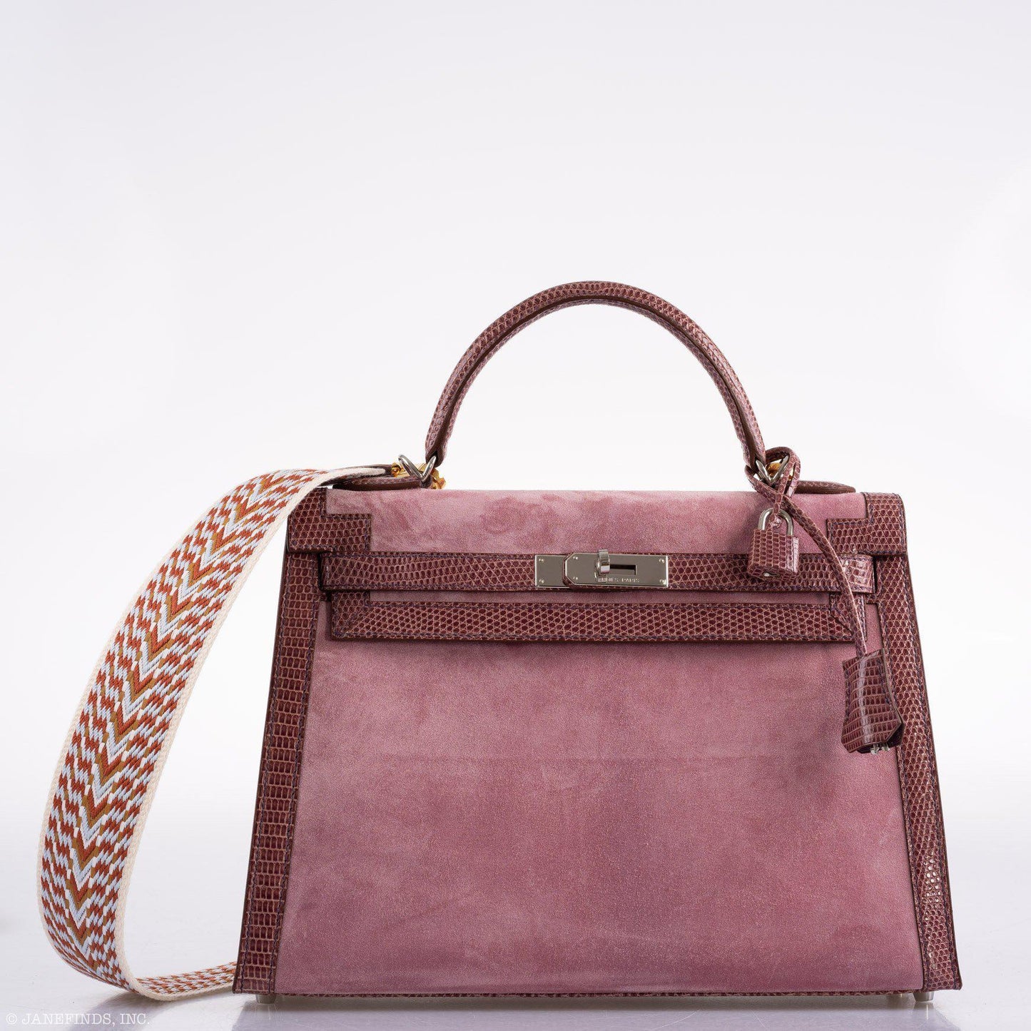 Hermes Unique HSS Kelly 32 Sellier Rose Indienne Doblis Suede & Mauve Lizard with Palladium Hardware - 2012, N Square