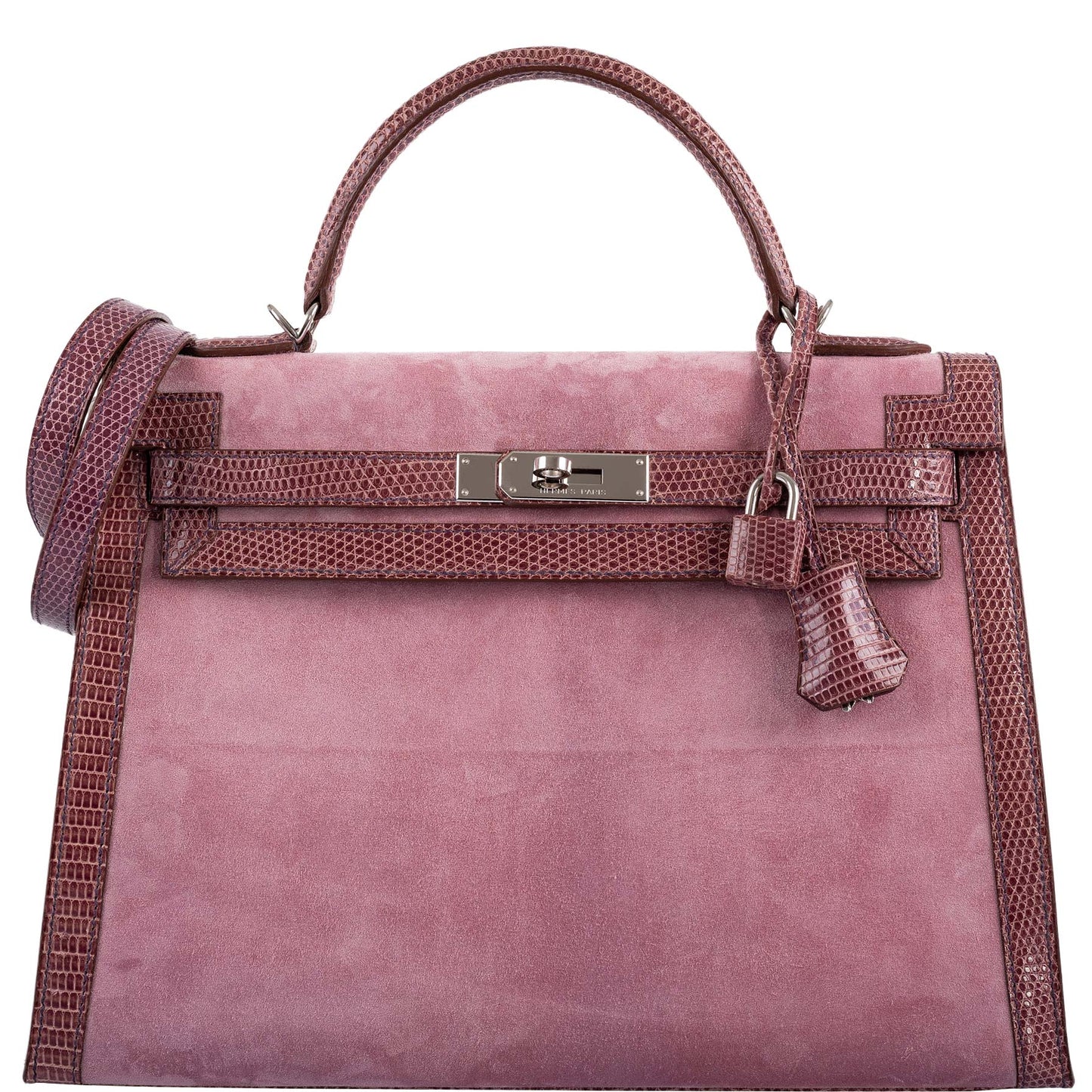 Hermes Unique HSS Kelly 32 Sellier Rose Indienne Doblis Suede & Mauve Lizard with Palladium Hardware - 2012, N Square