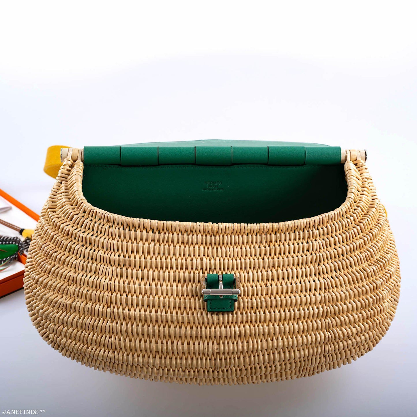Hermes Wicker Fish Basket Crossbody, Vert Vertigo Swift with Palladium Hardware