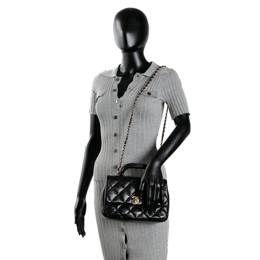 CHANEL Quilted Crinkled Leather Coco Top Handle Flap Bag - Black