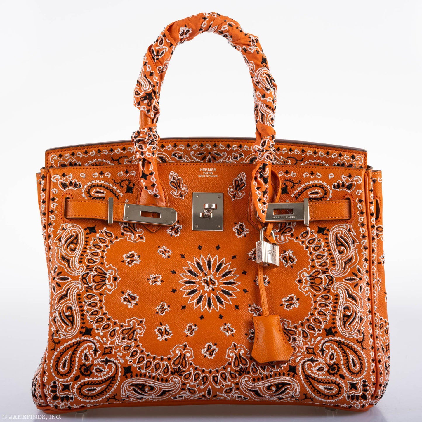 Jay Ahr Vintage 2013 Hermes Birkin 30 Orange Epsom Bandana Embroidery "Rio de Janeiro"