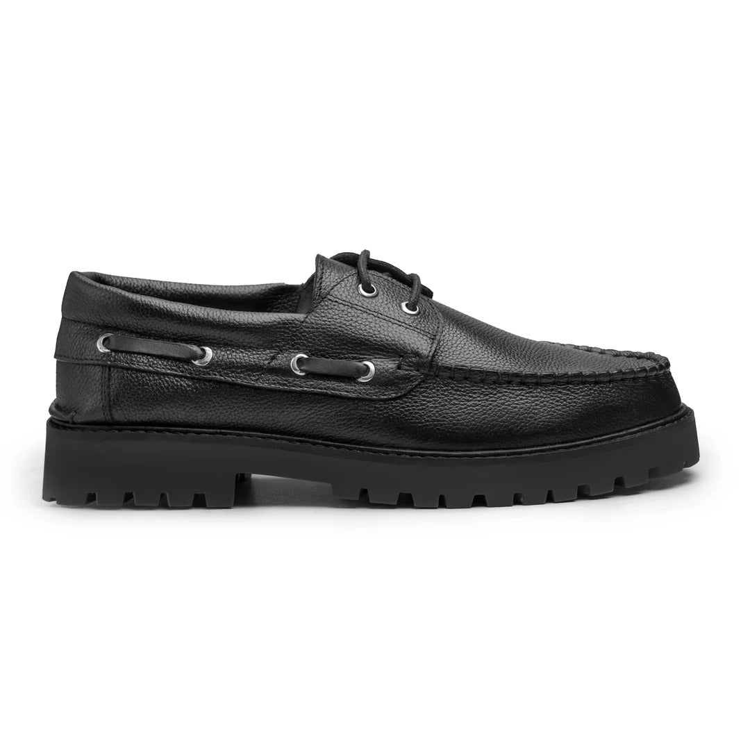 Men's Black Leather Boat Shoes with Chunky Sole