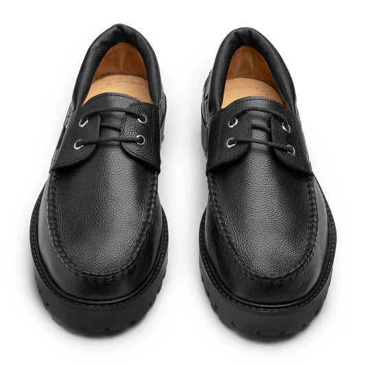Men's Black Leather Boat Shoes with Chunky Sole