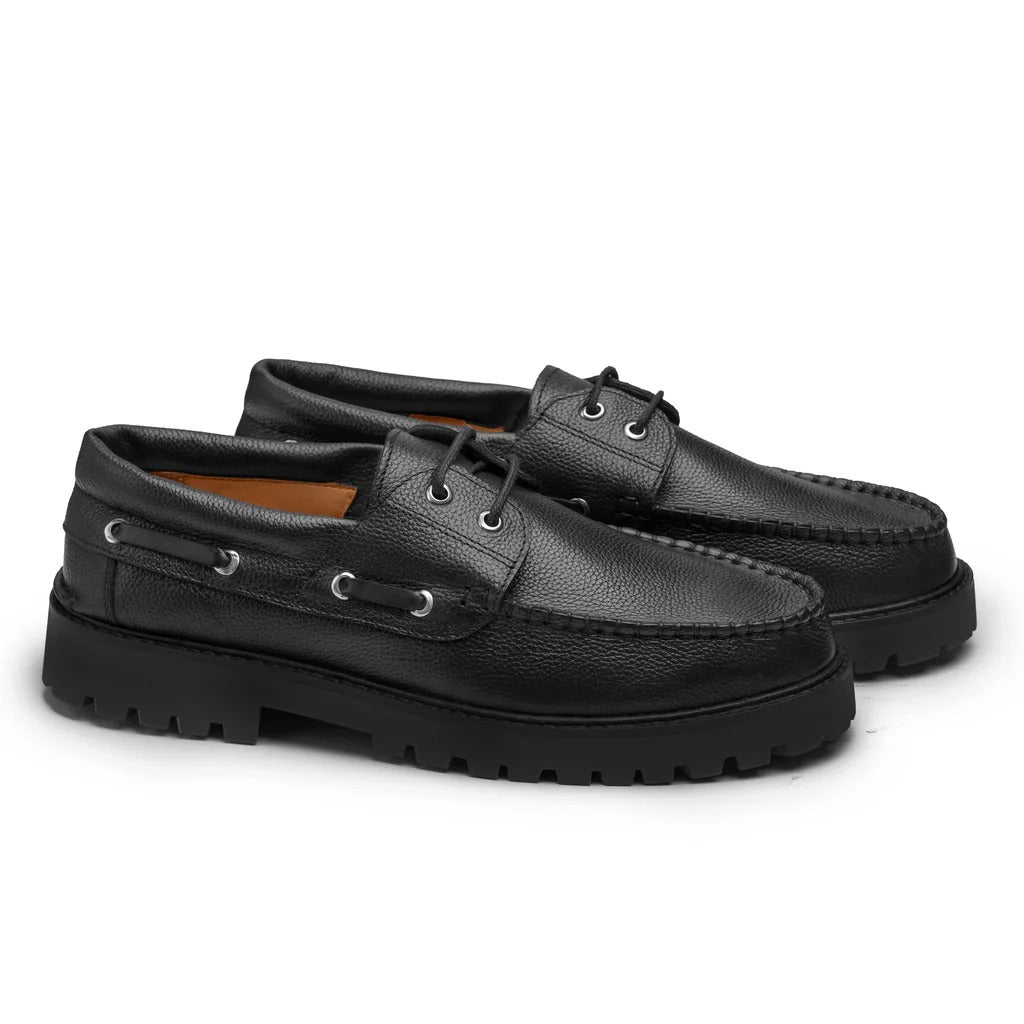 Men's Black Leather Boat Shoes with Chunky Sole