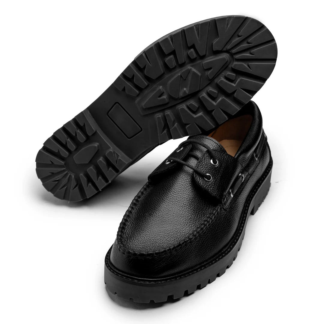 Men's Black Leather Boat Shoes with Chunky Sole