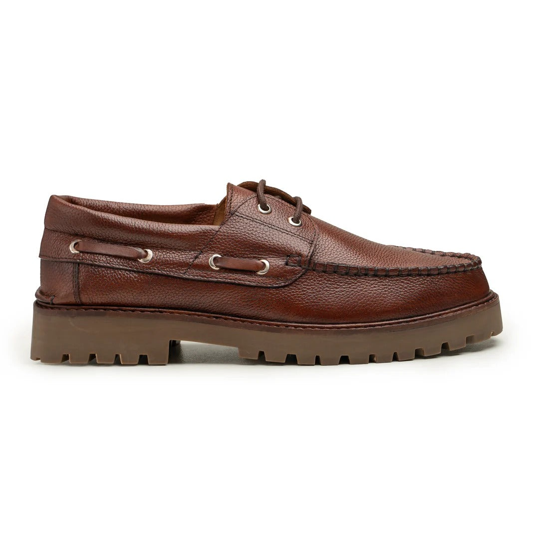 Men's Brown Leather Boat Shoes with Lug Sole