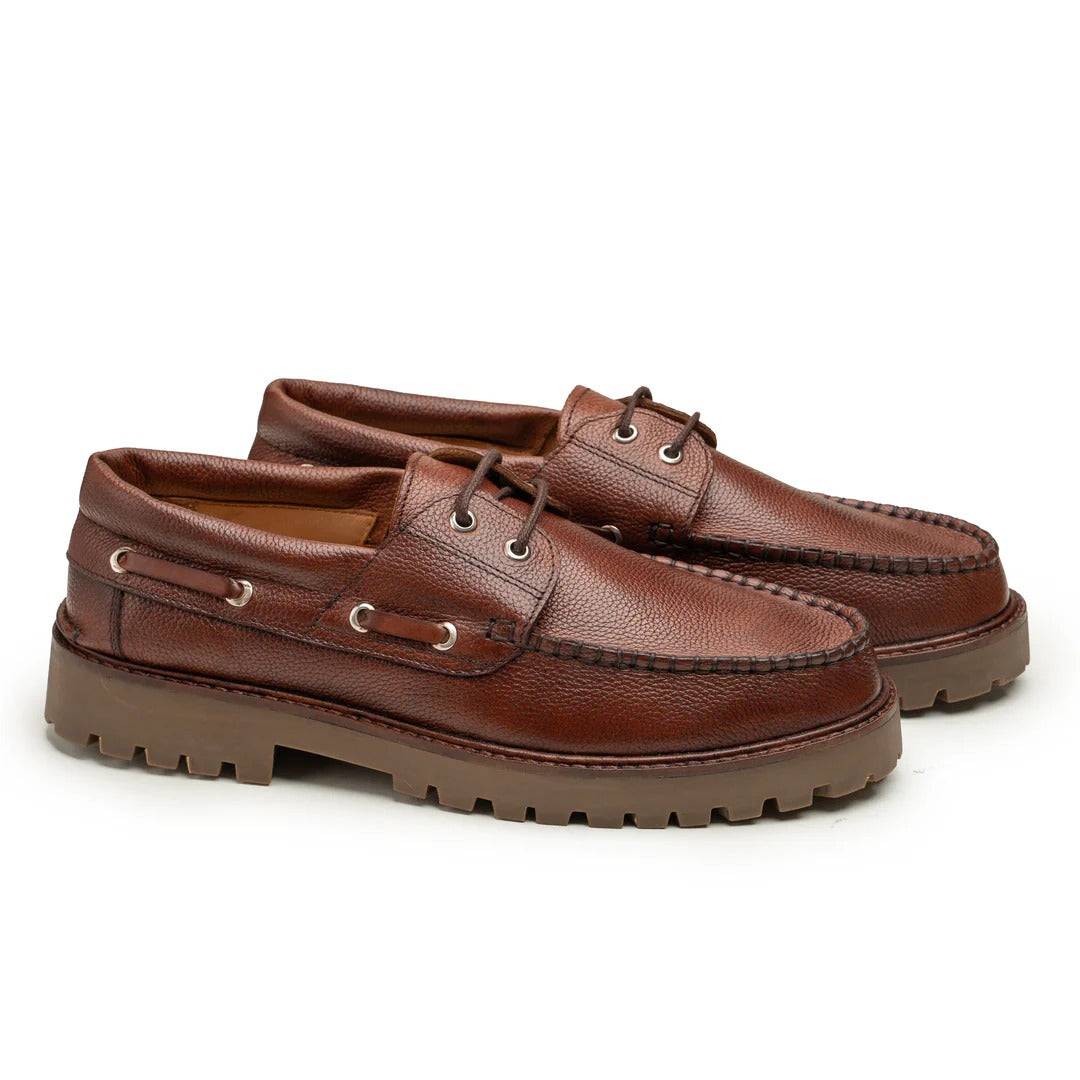 Men's Brown Leather Boat Shoes with Lug Sole