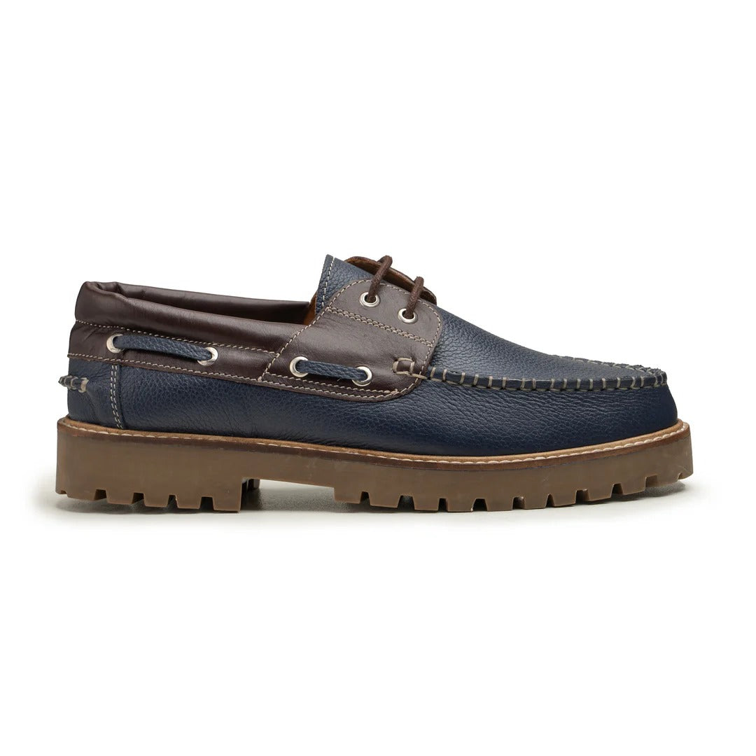 Men's Navy and Brown Leather Boat Shoes with Lug Sole