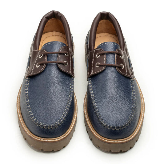 Men's Navy and Brown Leather Boat Shoes with Lug Sole