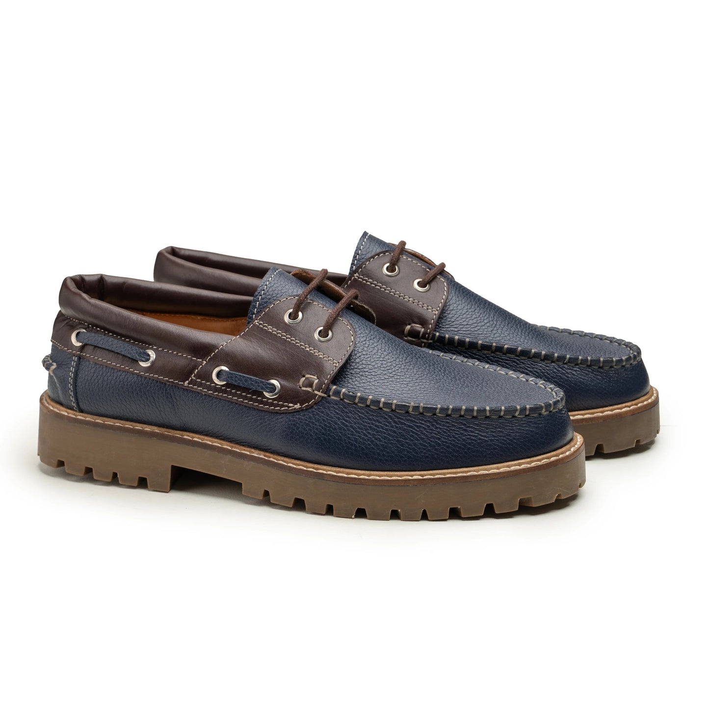 Men's Navy and Brown Leather Boat Shoes with Lug Sole