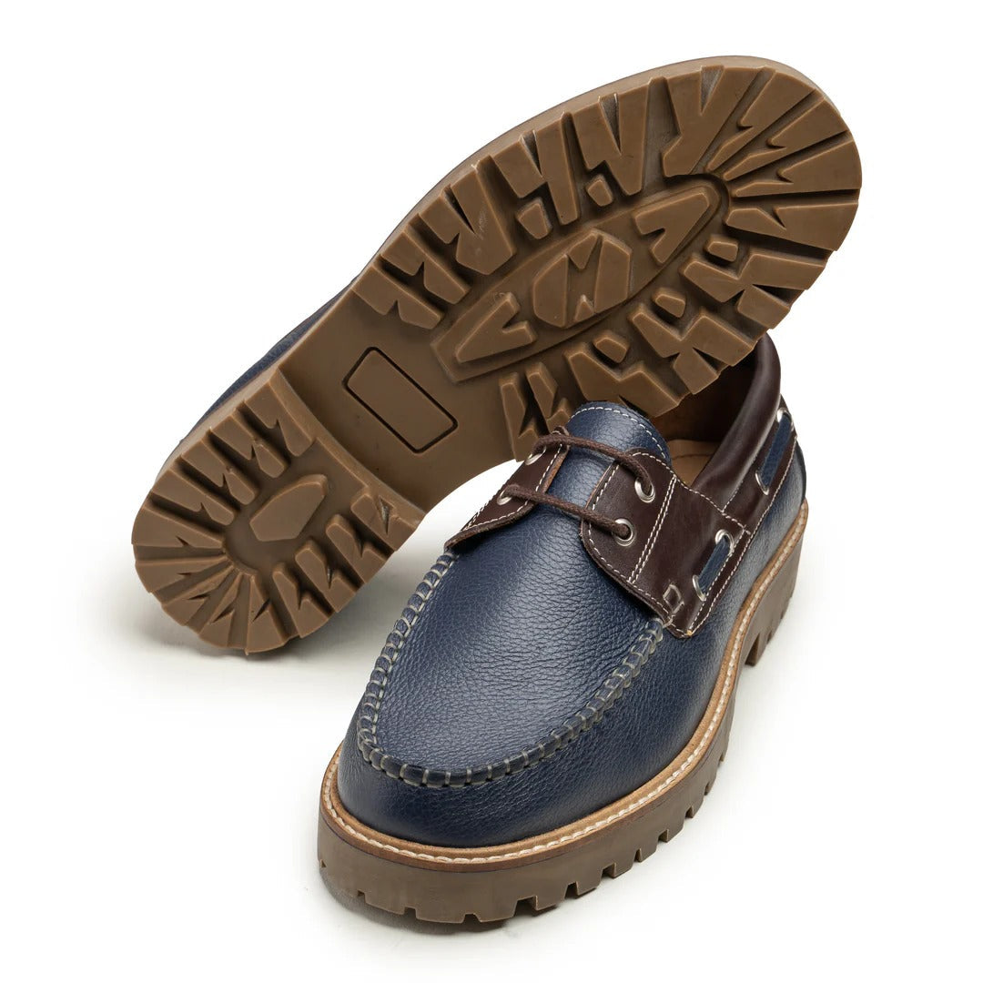 Men's Navy and Brown Leather Boat Shoes with Lug Sole