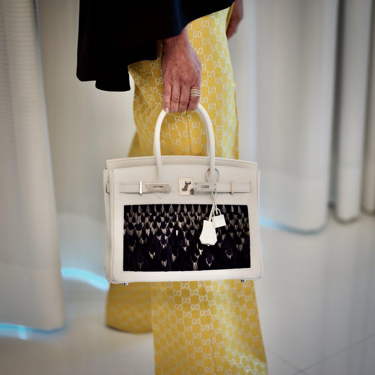 Vintage Hermes Birkin 30 White Epsom with Custom Feather Panel & Palladium Hardware - 2010, N Square