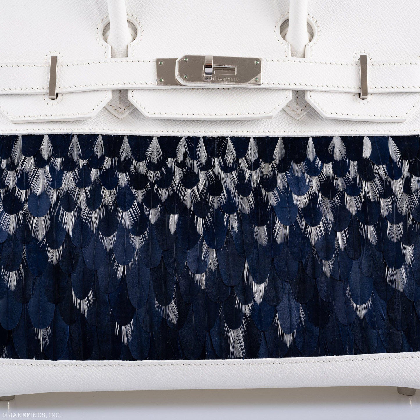 Vintage Hermes Birkin 30 White Epsom with Custom Feather Panel & Palladium Hardware - 2010, N Square
