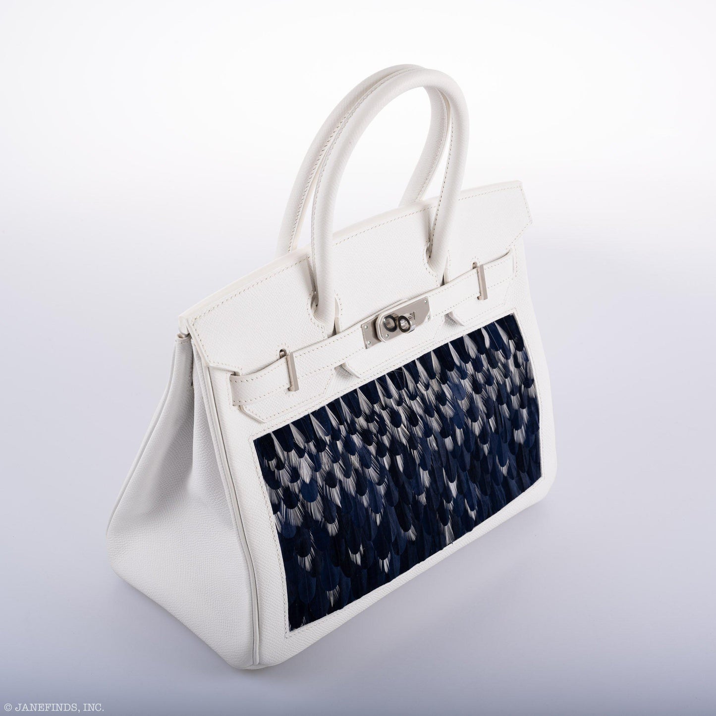 Vintage Hermes Birkin 30 White Epsom with Custom Feather Panel & Palladium Hardware - 2010, N Square