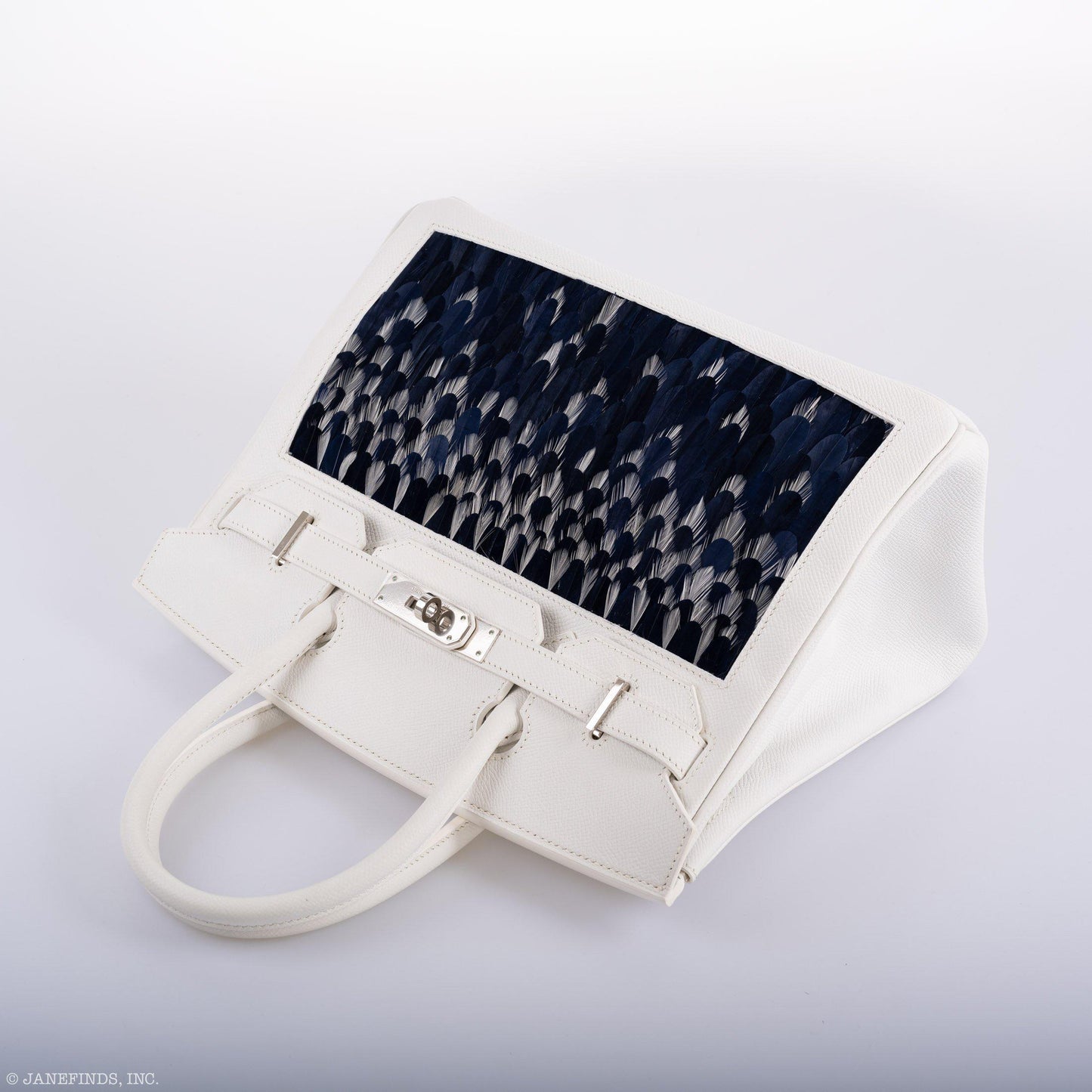 Vintage Hermes Birkin 30 White Epsom with Custom Feather Panel & Palladium Hardware - 2010, N Square