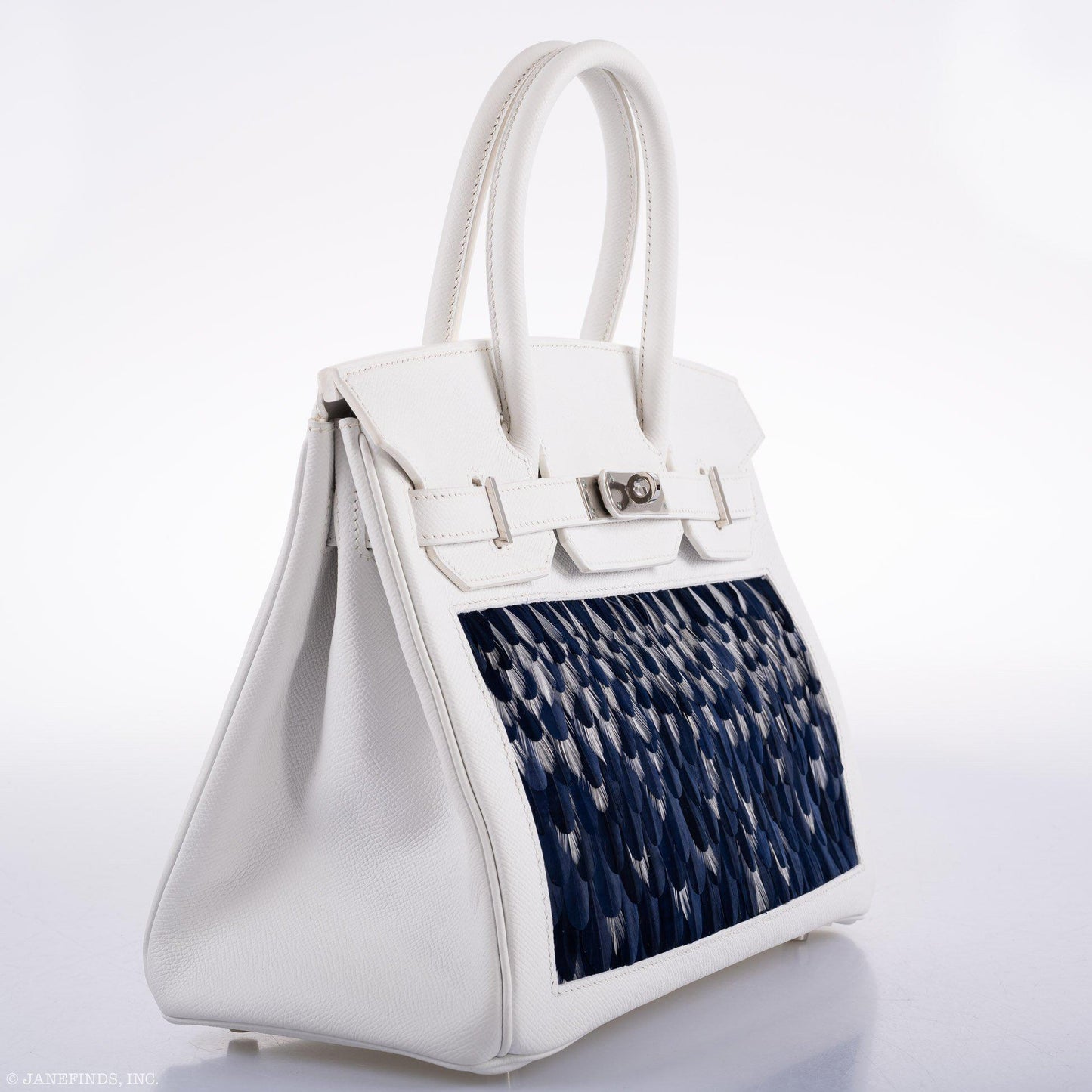 Vintage Hermes Birkin 30 White Epsom with Custom Feather Panel & Palladium Hardware - 2010, N Square