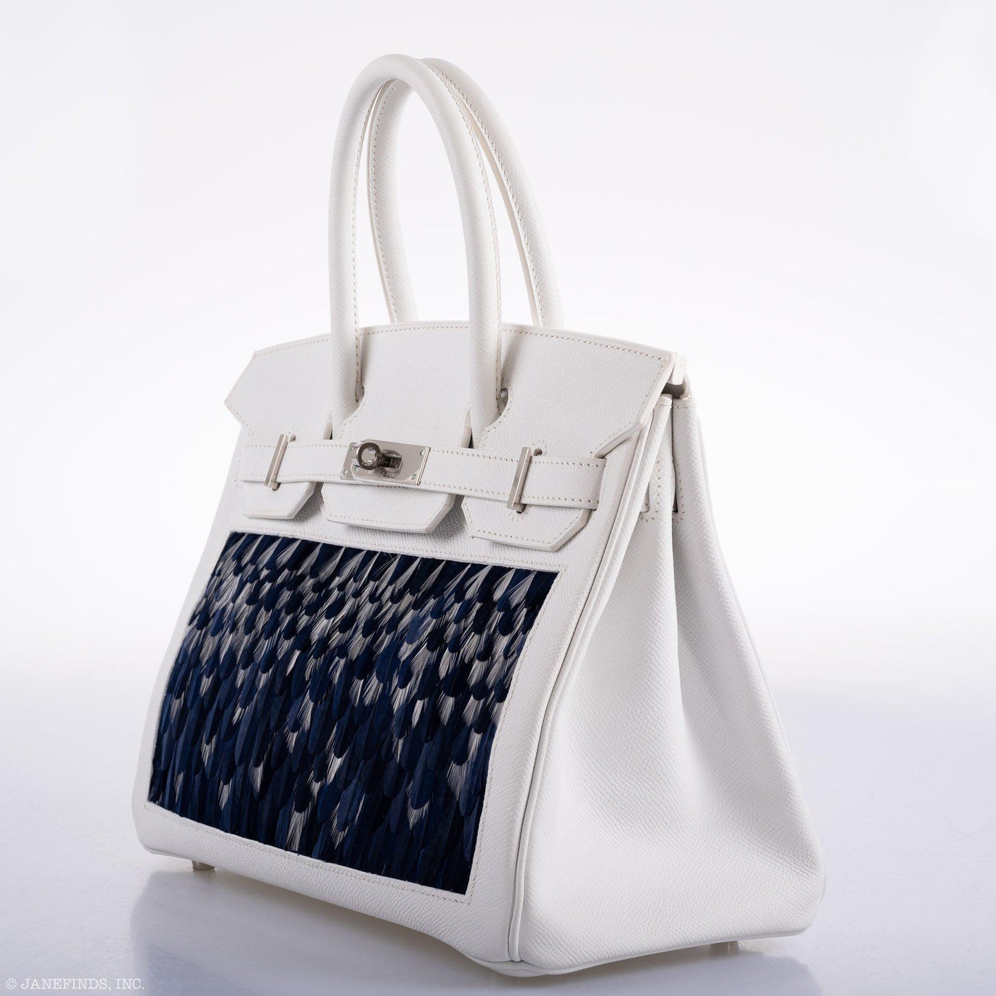 Vintage Hermes Birkin 30 White Epsom with Custom Feather Panel & Palladium Hardware - 2010, N Square