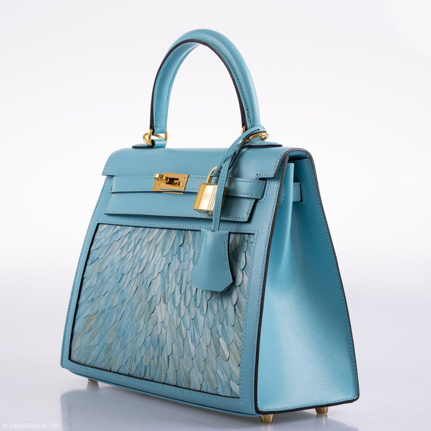 Vintage Hermes Kelly 25 Sellier Blue Atoll Tadelakt with Custom Feather Panel Gold Hardware
