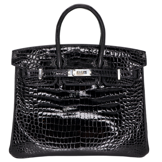 Hermès 25cm Birkin Black Shiny Porosus Crocodile Palladium Hardware