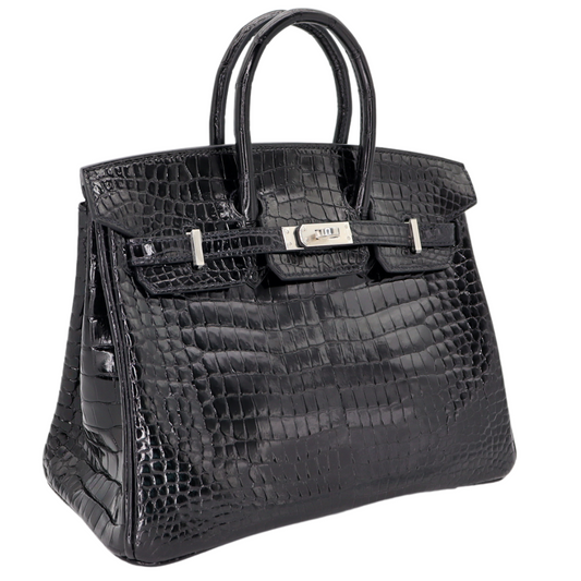 Hermès 25cm Birkin Black Shiny Porosus Crocodile Palladium Hardware