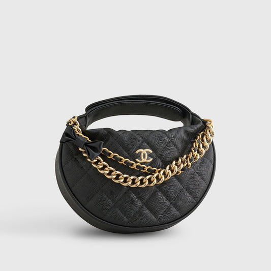 Chanel Quilted Circle Pouch Bag Black w/ Chain Gold Hardware