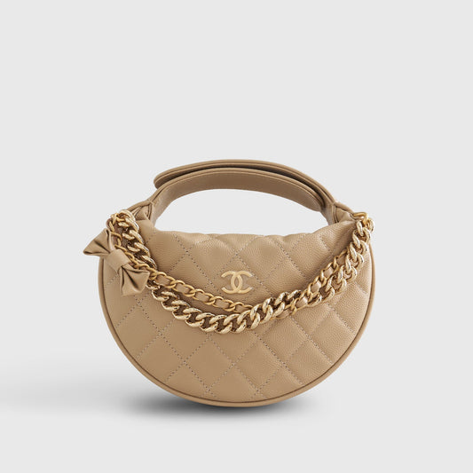 Chanel Quilted Circle Pouch Bag Beige w/ Chain Gold Hardware