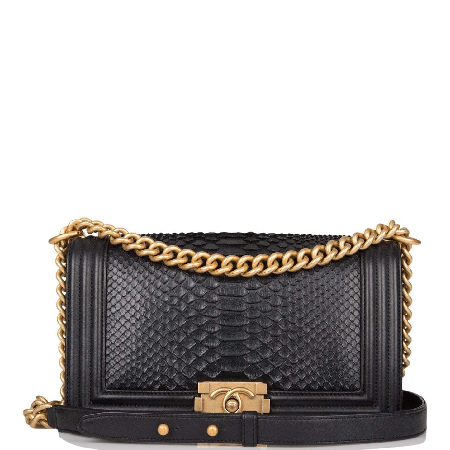 Chanel Black Python Medium Boy Bag Antique Gold Hardware
